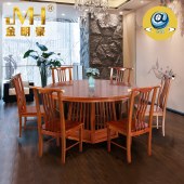 金明豪实木家具现代中式餐厅转盘圆台原木餐桌椅组合